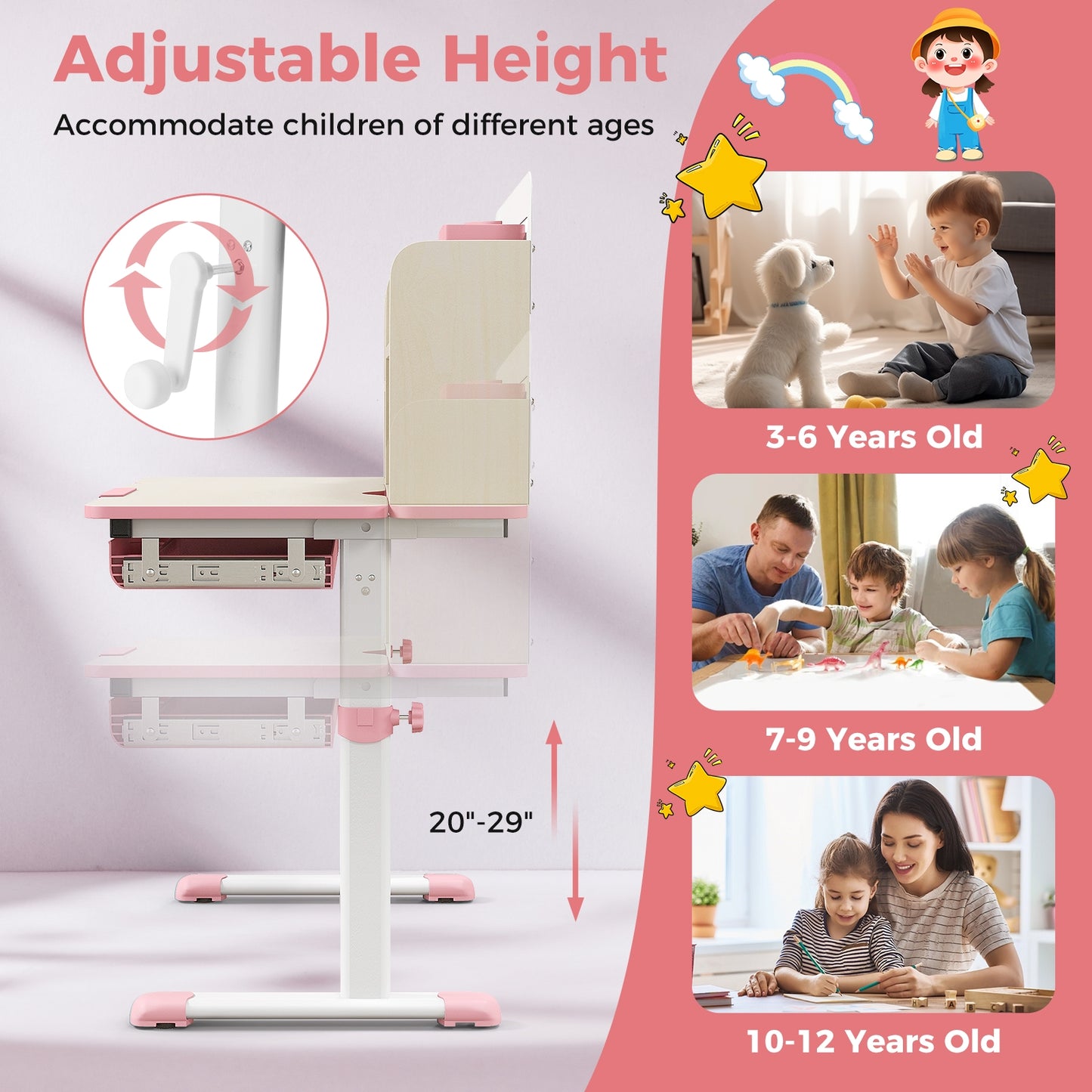 Height Adjustable Kids Study Desk with Tilt Desktop for 3-12 Years Old-Pink Kids Crystal