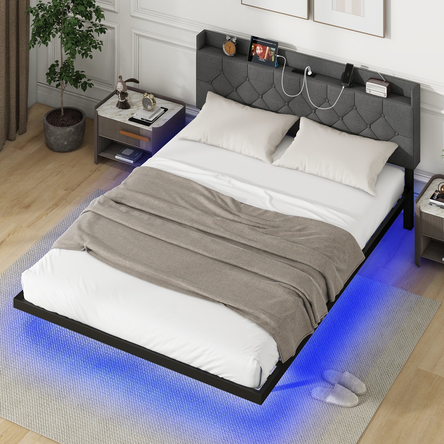 Full/Queen Size Floating Bed Frame with LED and Headboard and Charging Station-Queen Size Kids Crystal