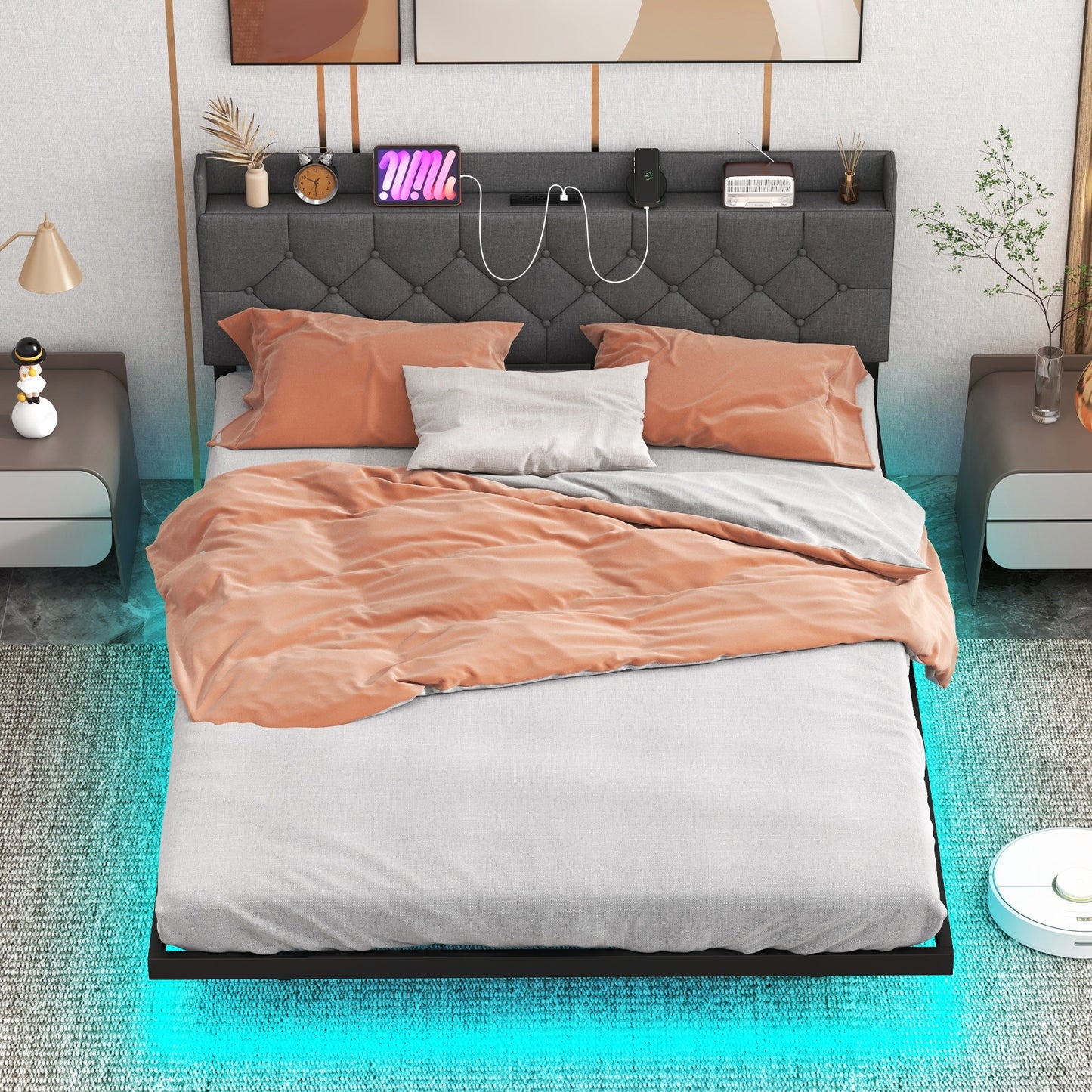 Full/Queen Size Floating Bed Frame with LED and Headboard and Charging Station-Queen Size Kids Crystal