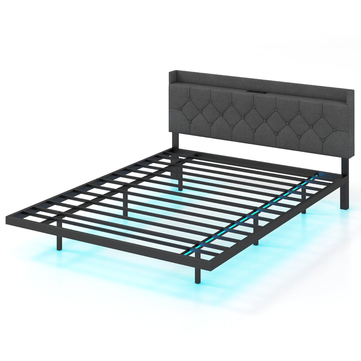 Full/Queen Size Floating Bed Frame with LED and Headboard and Charging Station-Queen Size Kids Crystal