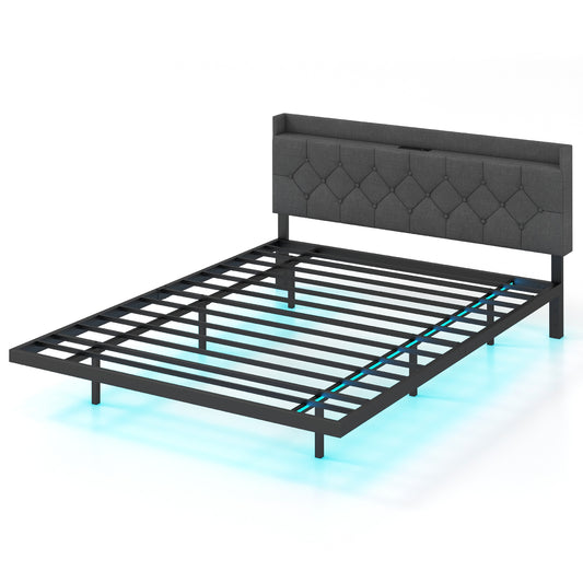 Full/Queen Size Floating Bed Frame with LED and Headboard and Charging Station-Queen Size Kids Crystal