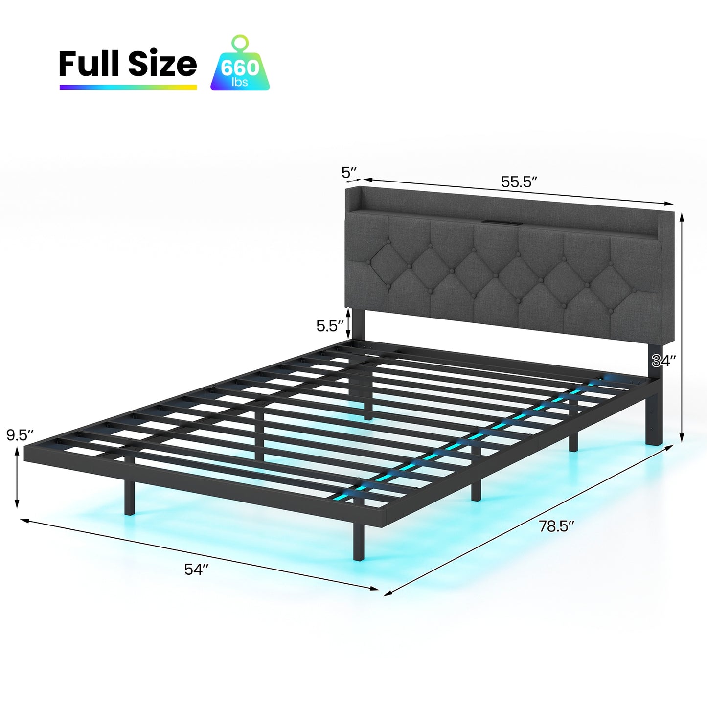 Full/Queen Size Floating Bed Frame with LED and Headboard and Charging Station-Full Size Kids Crystal