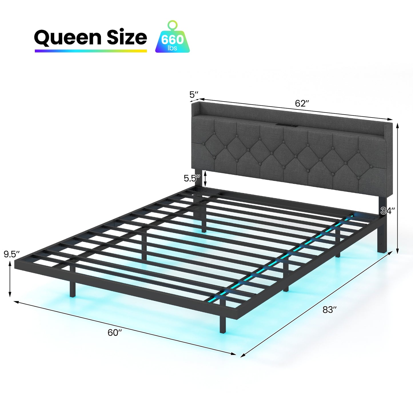 Full/Queen Size Floating Bed Frame with LED and Headboard and Charging Station-Queen Size Kids Crystal