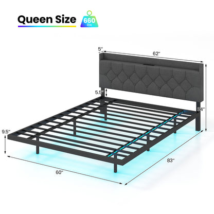 Full/Queen Size Floating Bed Frame with LED and Headboard and Charging Station-Queen Size
