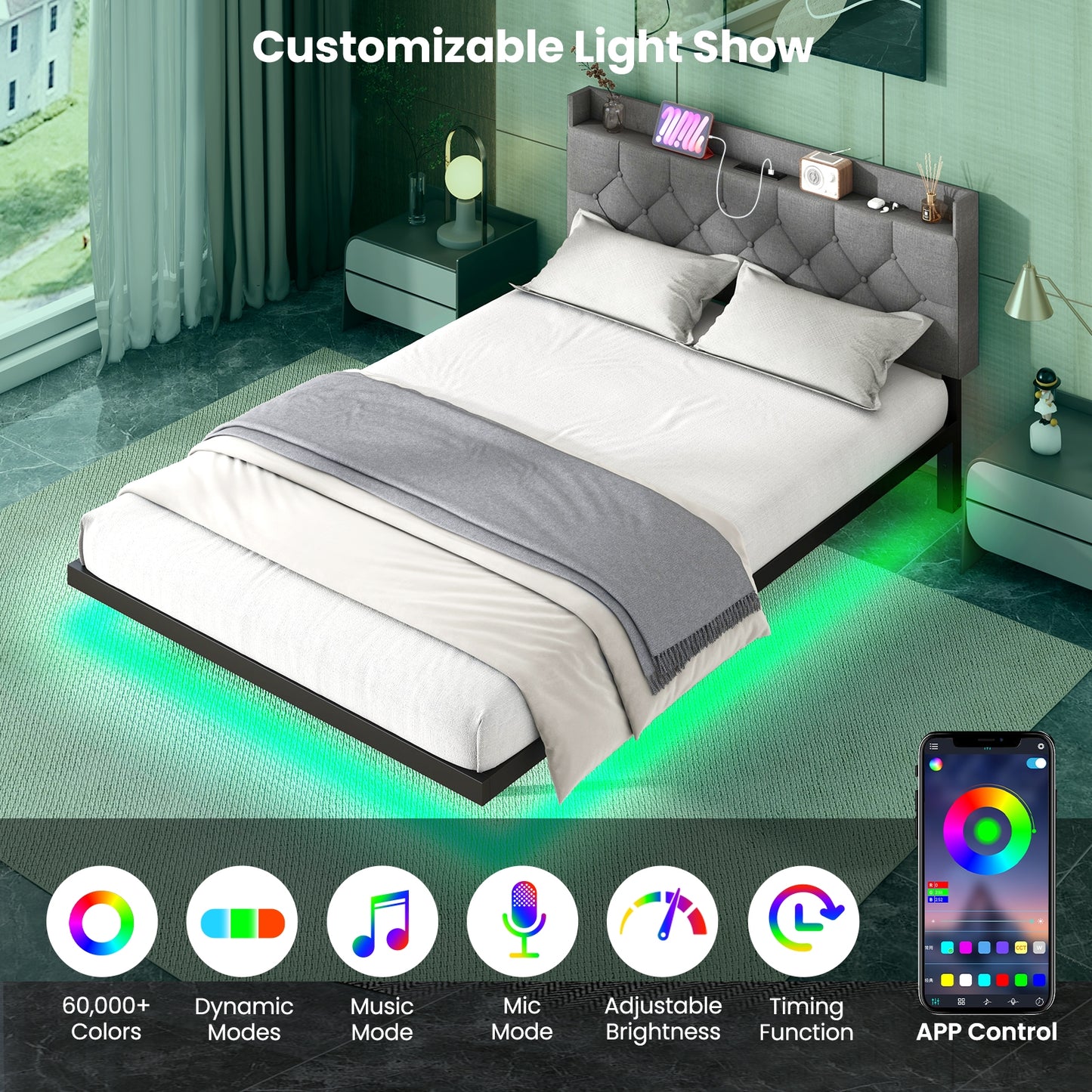 Full/Queen Size Floating Bed Frame with LED and Headboard and Charging Station-Full Size Kids Crystal