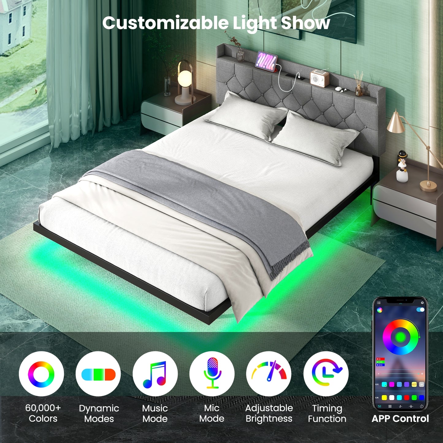Full/Queen Size Floating Bed Frame with LED and Headboard and Charging Station-Queen Size Kids Crystal