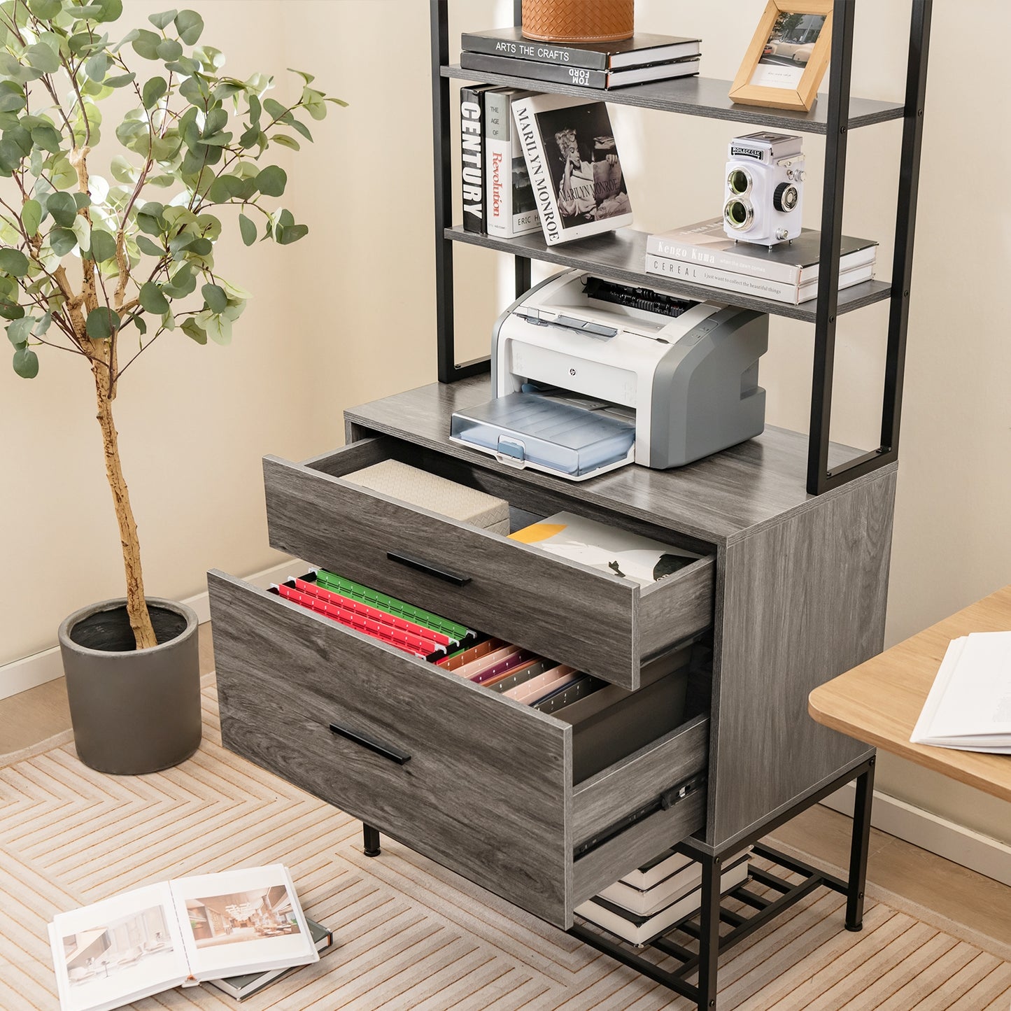 Freestanding File Cabinet with Charging Station and 3-Tier Open Shelves-Gray Kids Crystal