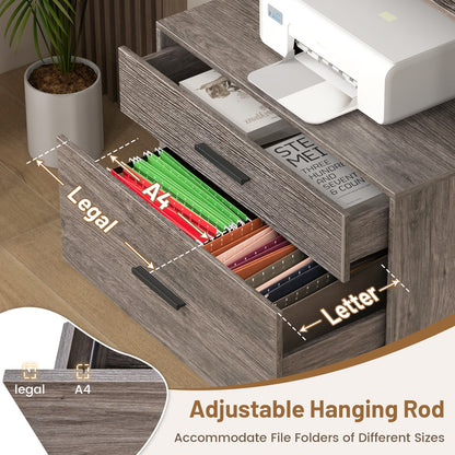 Freestanding File Cabinet with Charging Station and 3-Tier Open Shelves-Gray