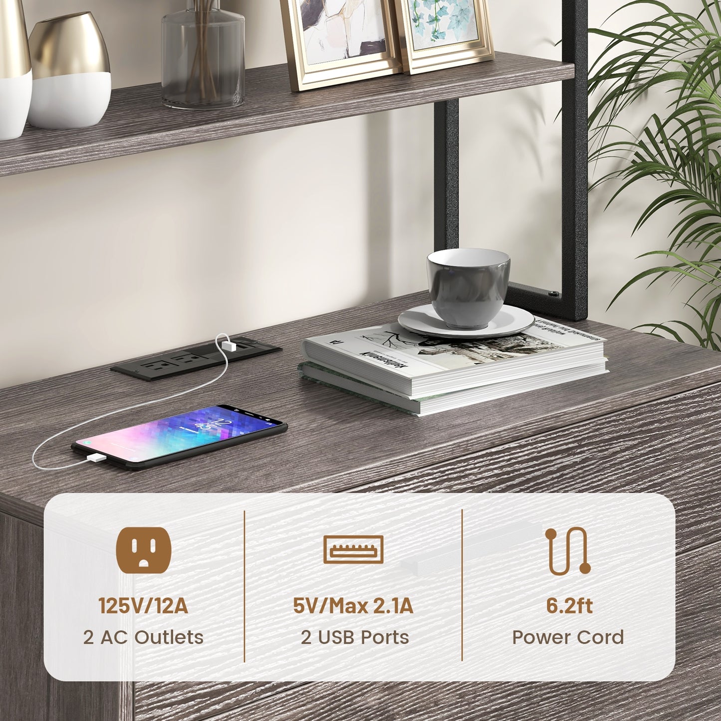 Freestanding File Cabinet with Charging Station and 3-Tier Open Shelves-Gray Kids Crystal