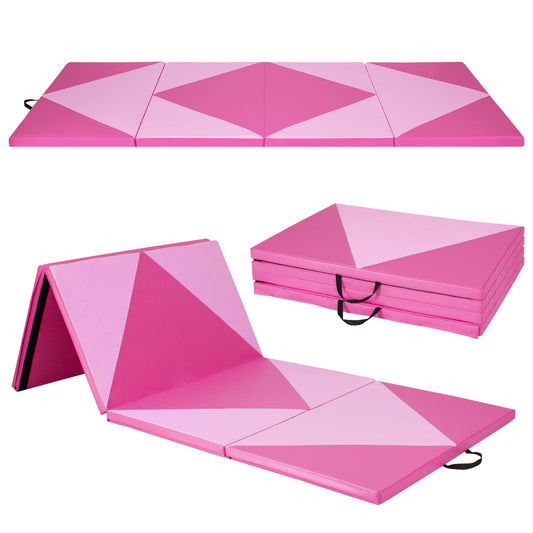 4-Panel PU Leather Folding Exercise Gym Mat with Hook and Loop Fasteners-Pink Kids Crystal