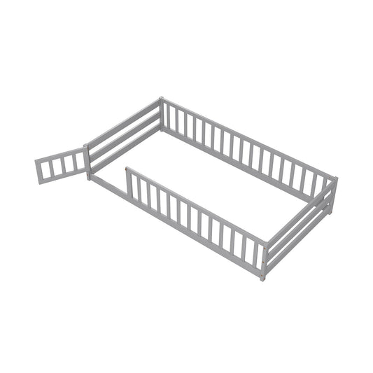 Twin Size Kids Wood Montessori Floor Bed with Door and Fence-Gray Kids Crystal