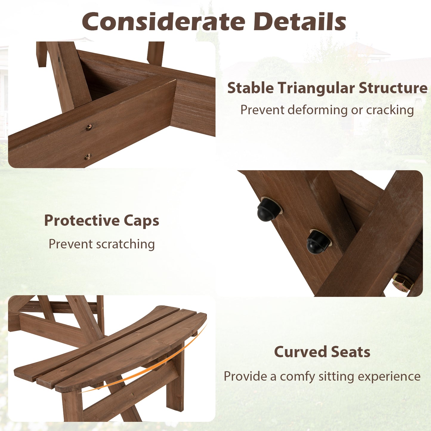 6-Person Round Picnic Table Set with 3 Built-in Benches and Umbrella Hole-Brown