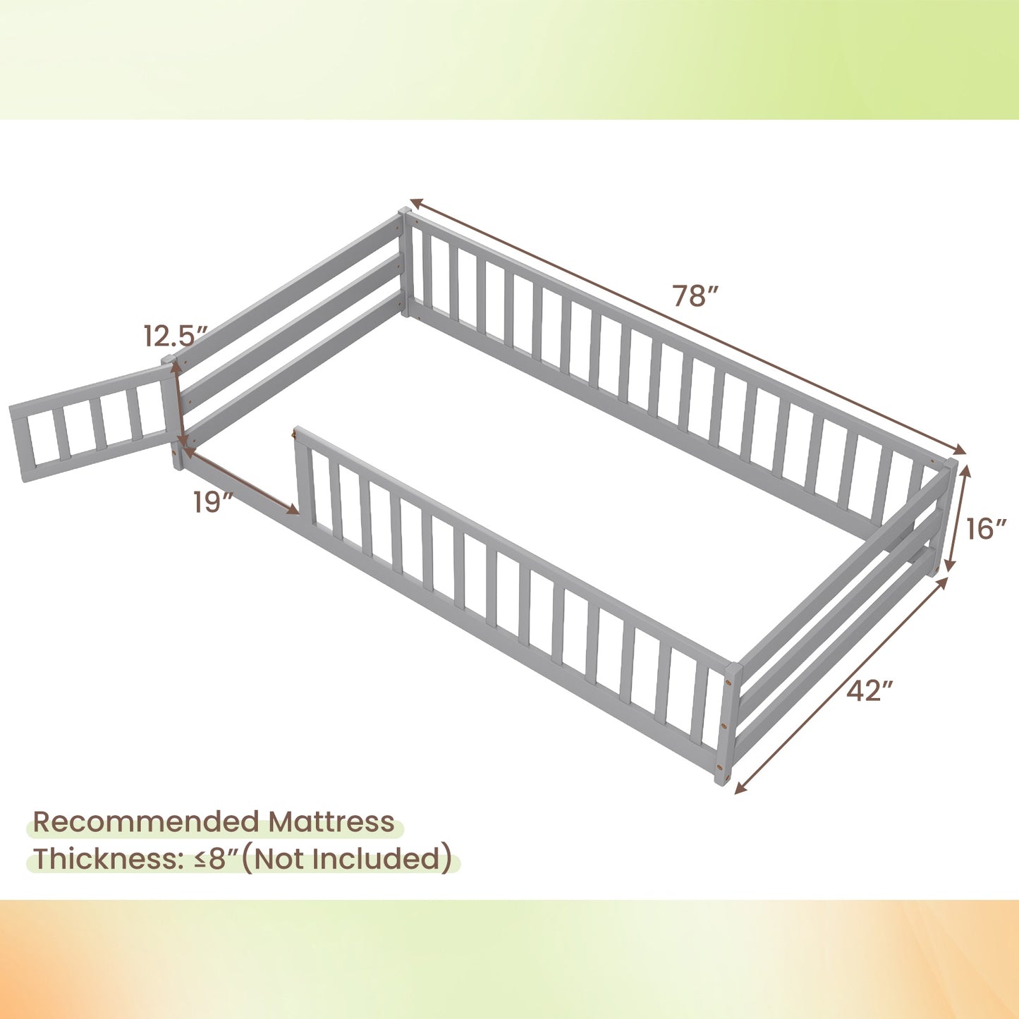 Twin Size Kids Wood Montessori Floor Bed with Door and Fence-Gray Kids Crystal