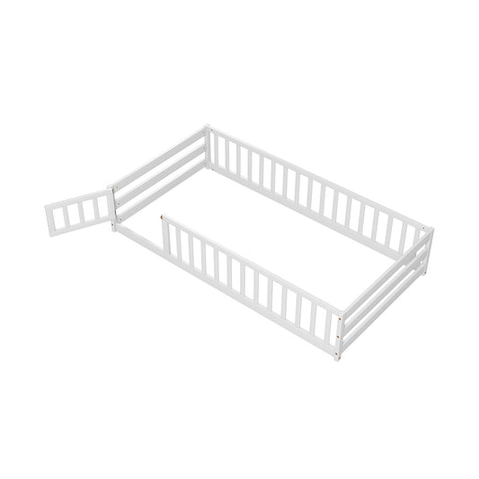 Twin Size Kids Wood Montessori Floor Bed with Door and Fence-White Kids Crystal
