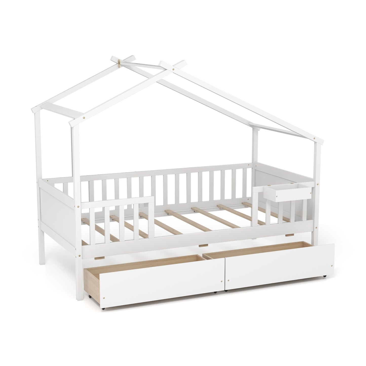 Twin House Bed with 2 Storage Drawers and Roof & Fence Rails-White Kids Crystal