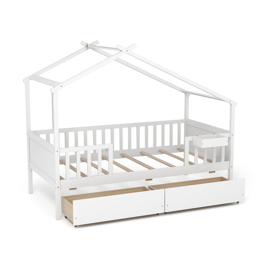 Twin House Bed with 2 Storage Drawers and Roof & Fence Rails-White Kids Crystal