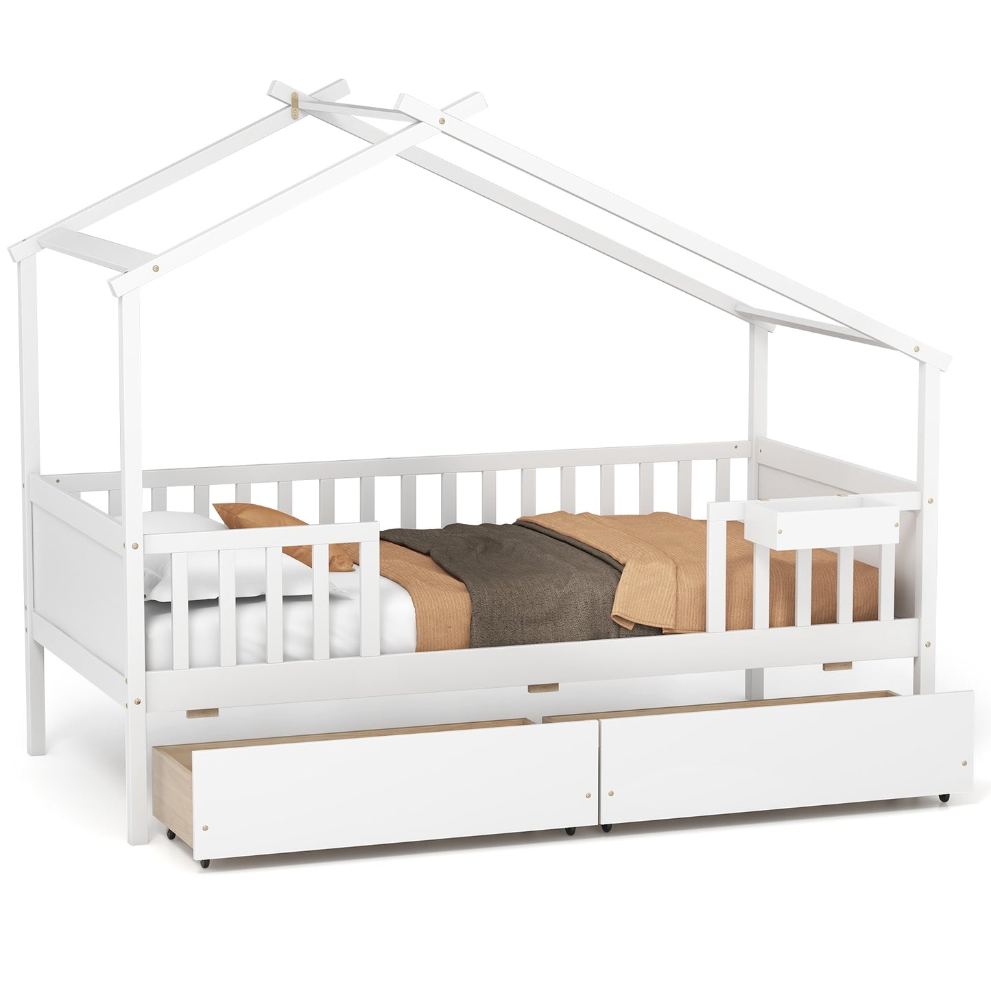 Twin House Bed with 2 Storage Drawers and Roof & Fence Rails-White Kids Crystal