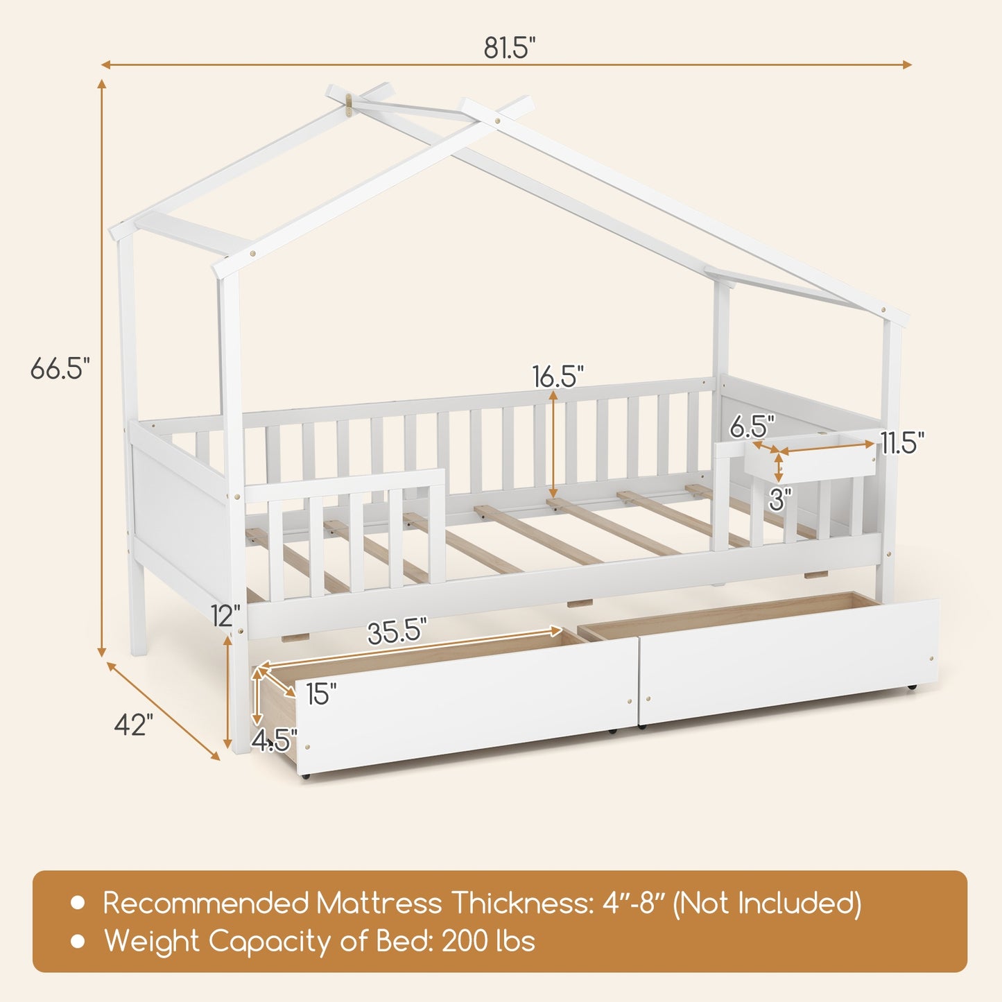 Twin House Bed with 2 Storage Drawers and Roof & Fence Rails-White Kids Crystal