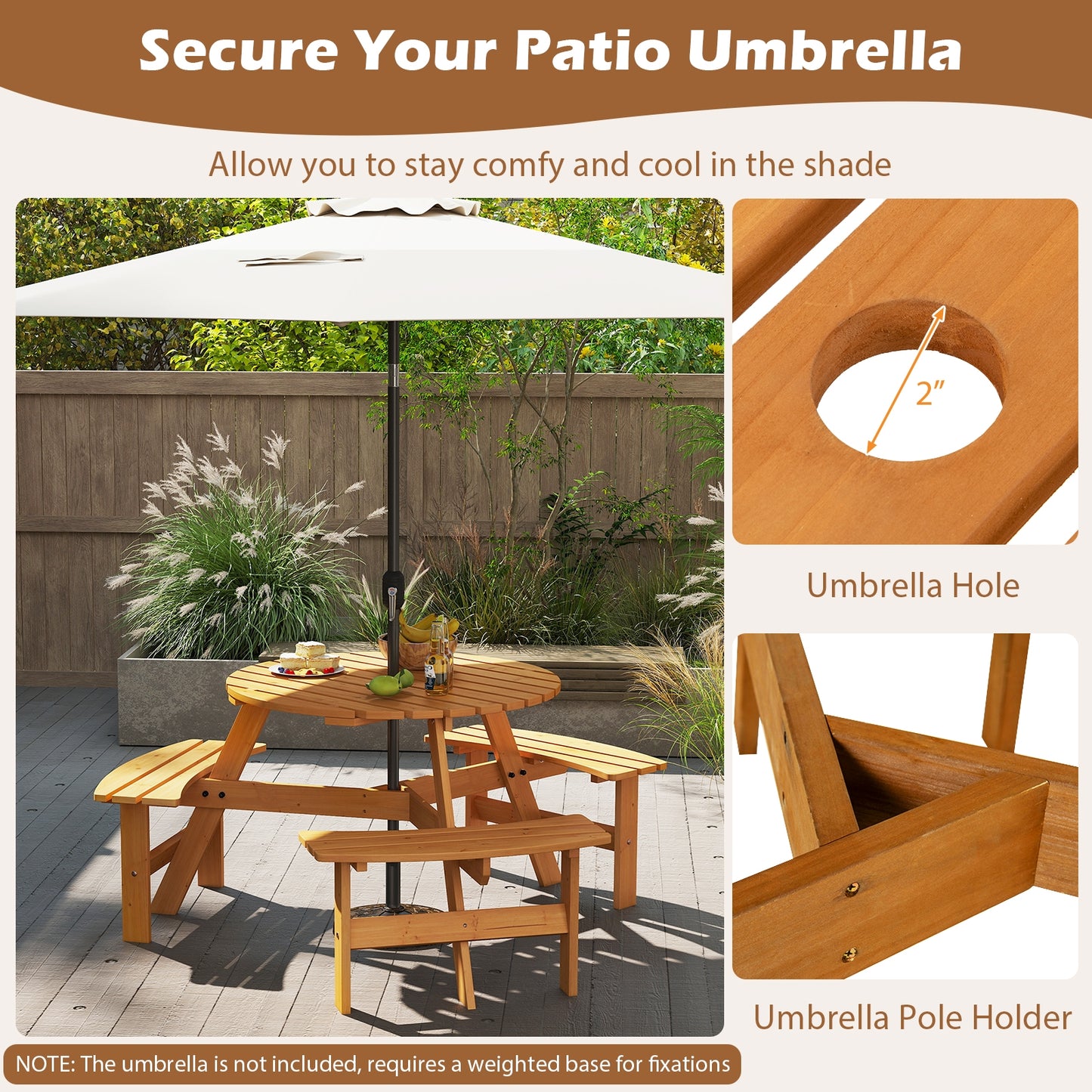6-Person Round Picnic Table Set with 3 Built-in Benches and Umbrella Hole-Yellow