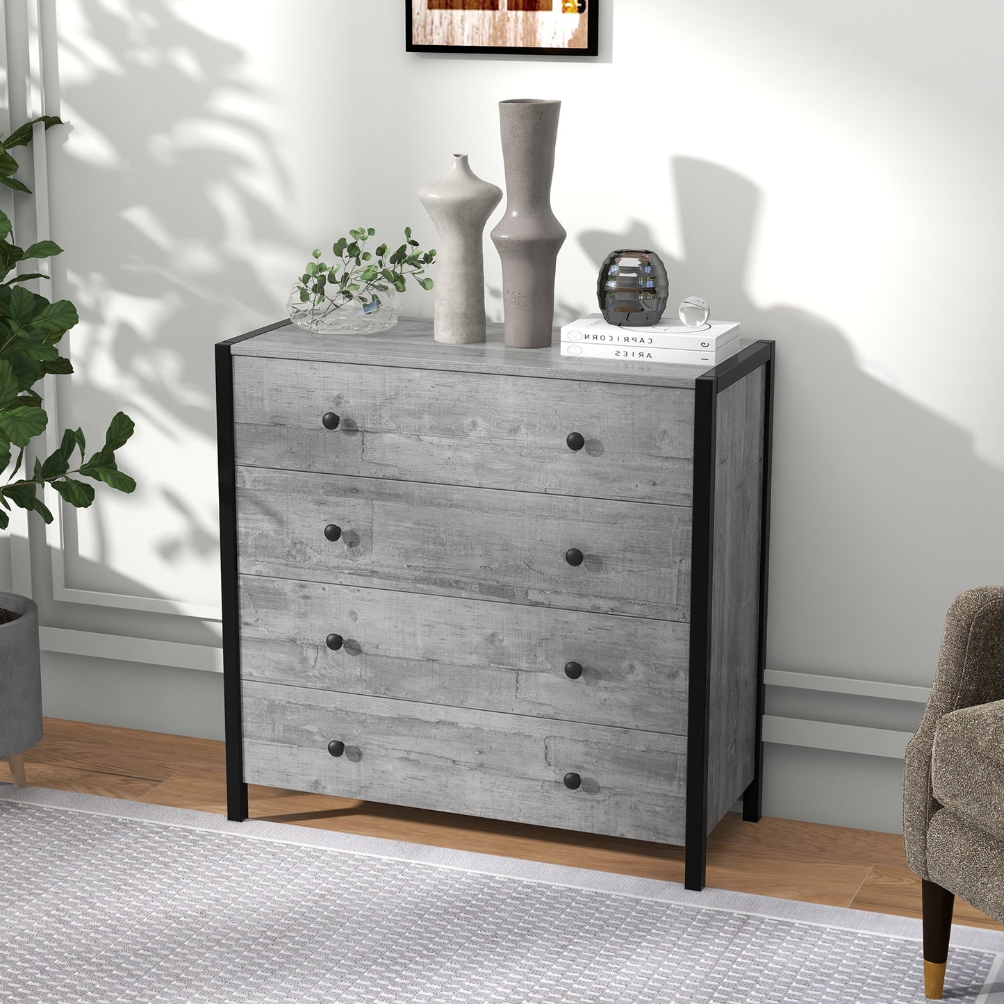 4-Drawer Dresser Modern Wooden Chest of Drawers for Bedroom Living Room-Gray Kids Crystal