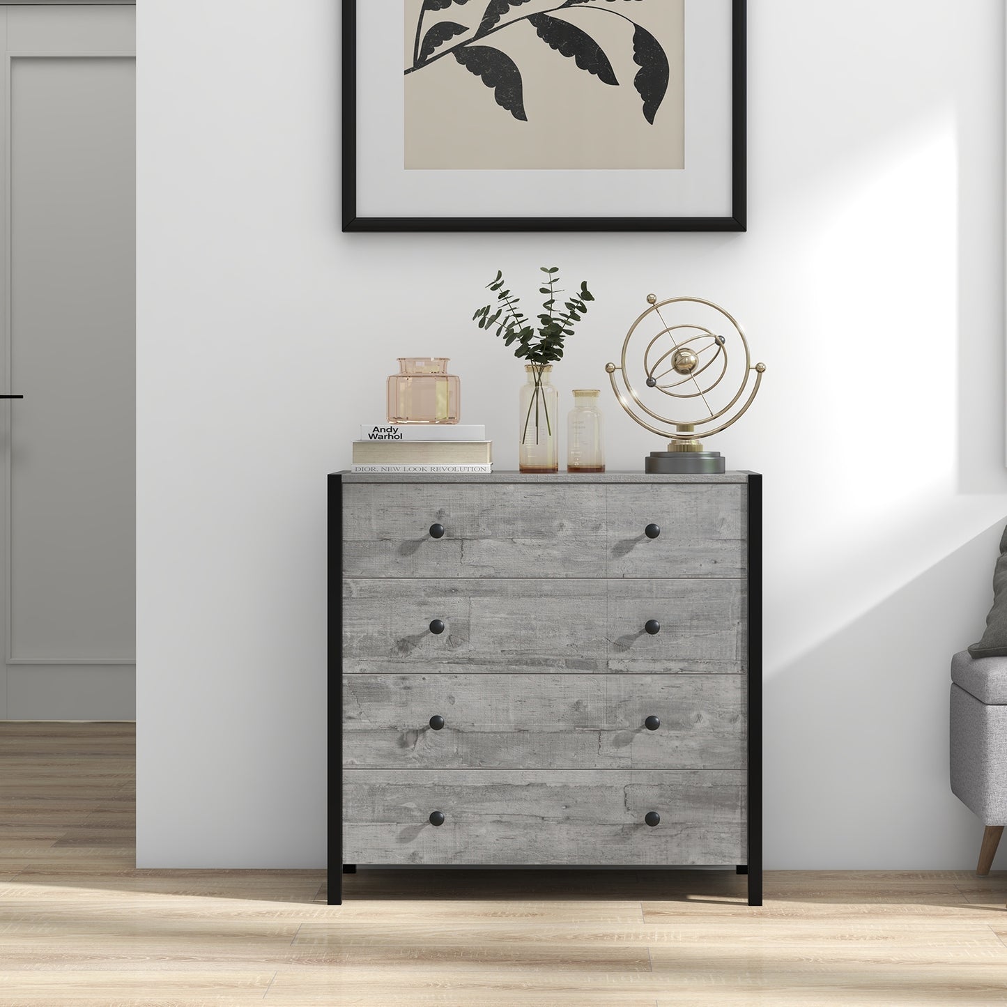 4-Drawer Dresser Modern Wooden Chest of Drawers for Bedroom Living Room-Gray Kids Crystal