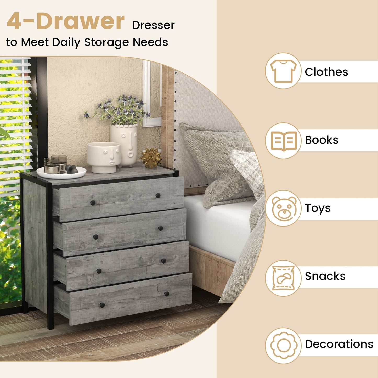 4-Drawer Dresser Modern Wooden Chest of Drawers for Bedroom Living Room-Gray Kids Crystal