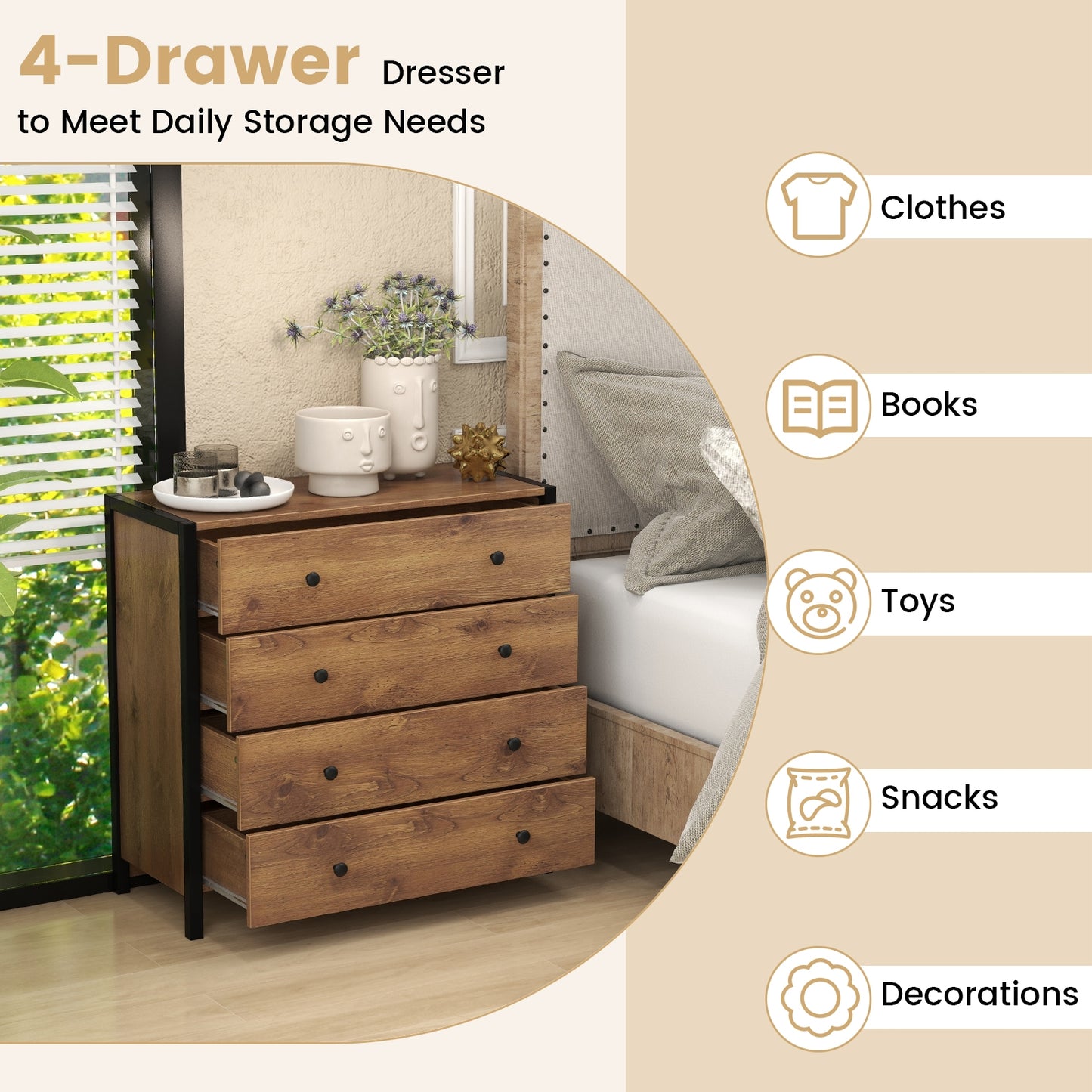 4-Drawer Dresser Modern Wooden Chest of Drawers for Bedroom Living Room-Oak Kids Crystal