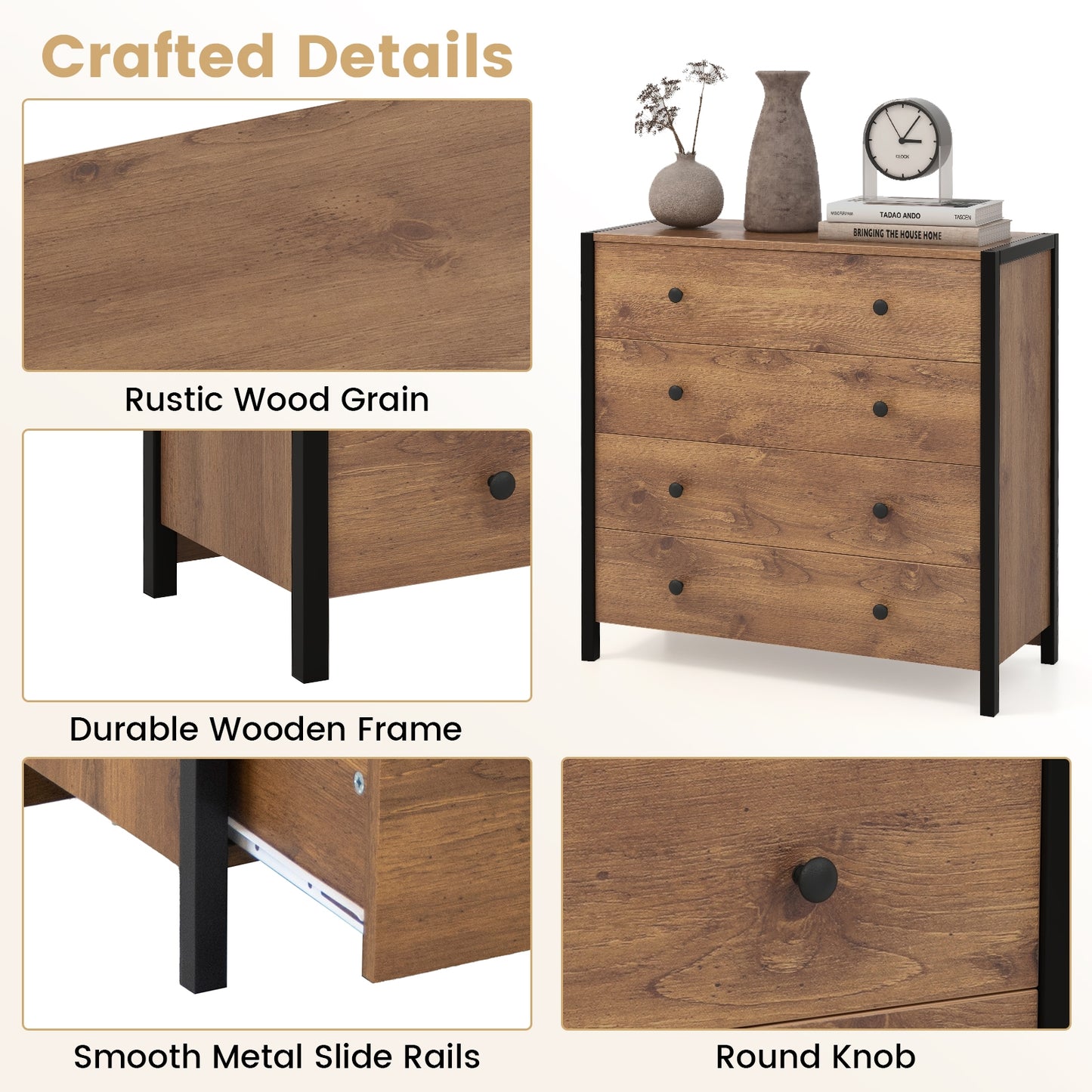 4-Drawer Dresser Modern Wooden Chest of Drawers for Bedroom Living Room-Oak Kids Crystal