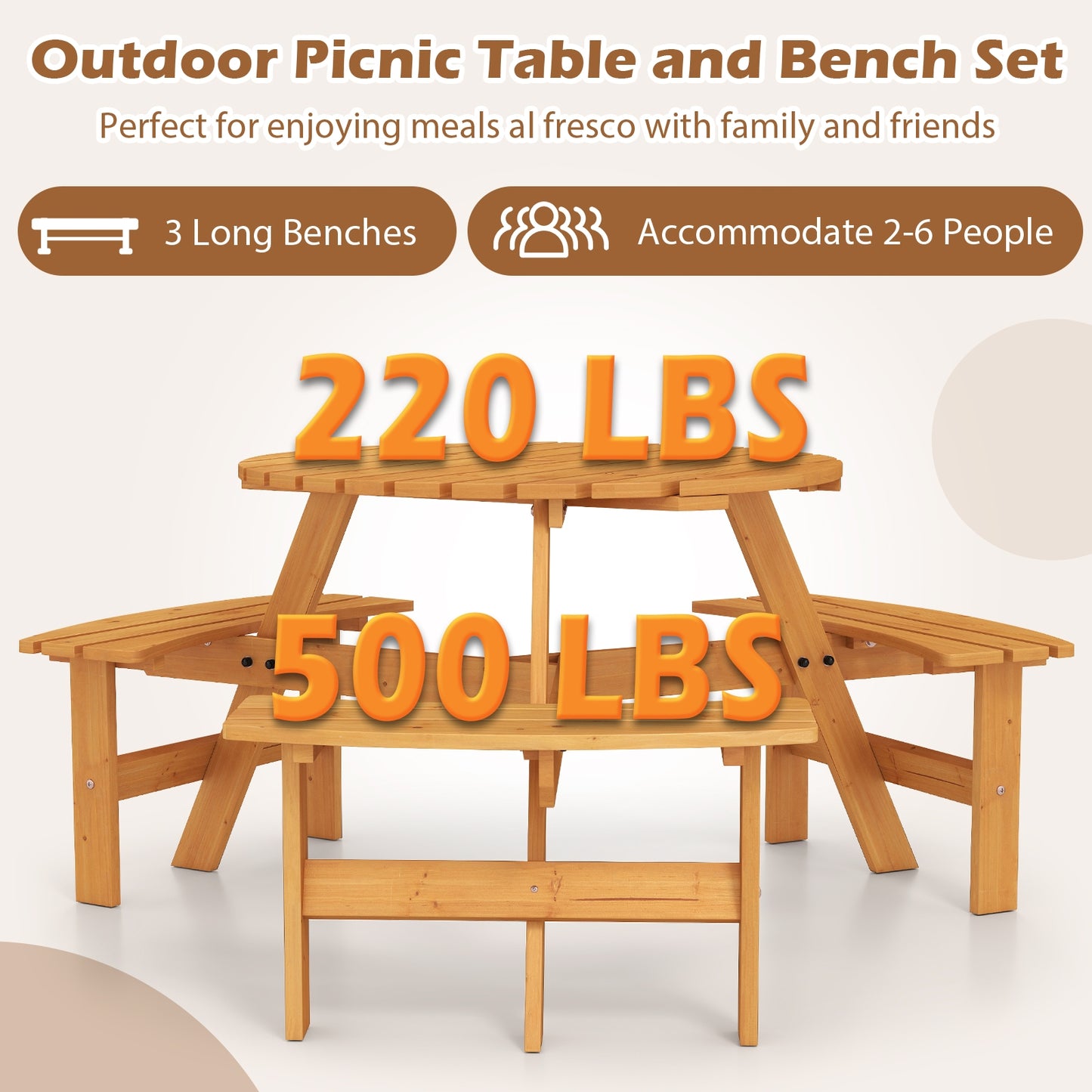 6-Person Round Picnic Table Set with 3 Built-in Benches and Umbrella Hole-Yellow