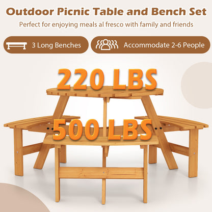 6-Person Round Picnic Table Set with 3 Built-in Benches and Umbrella Hole-Yellow