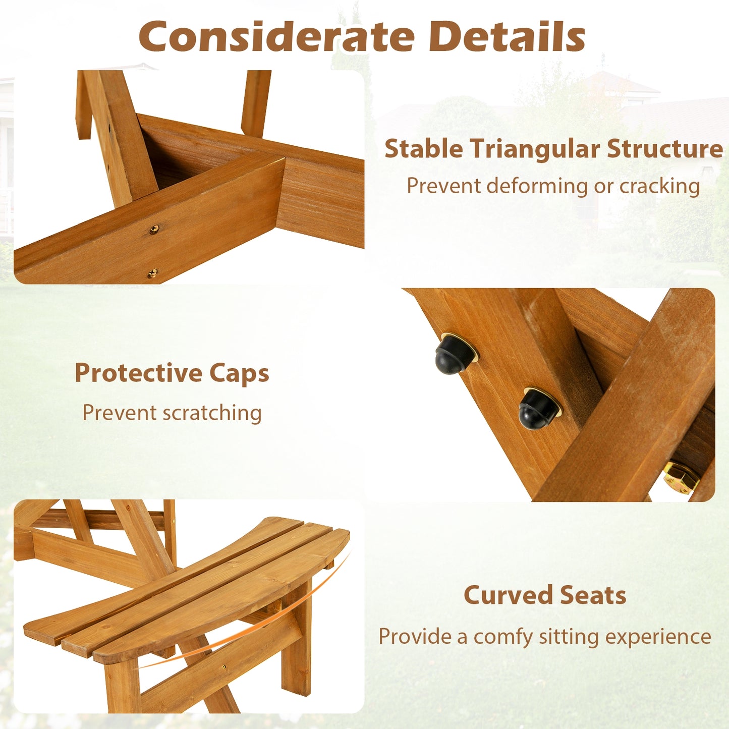 6-Person Round Picnic Table Set with 3 Built-in Benches and Umbrella Hole-Yellow