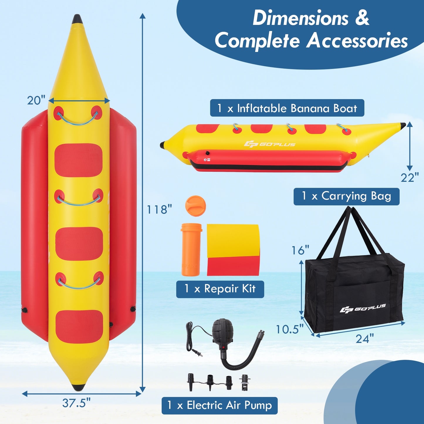 3-Person Inflatable Banana Boat with Electric Air Pump Carrying Bag and Repair Kit Kids Crystal