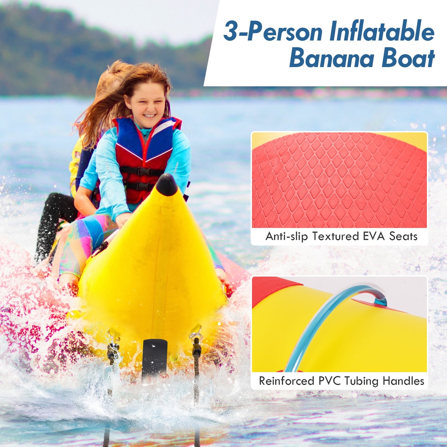3-Person Inflatable Banana Boat with Electric Air Pump Carrying Bag and Repair Kit Kids Crystal