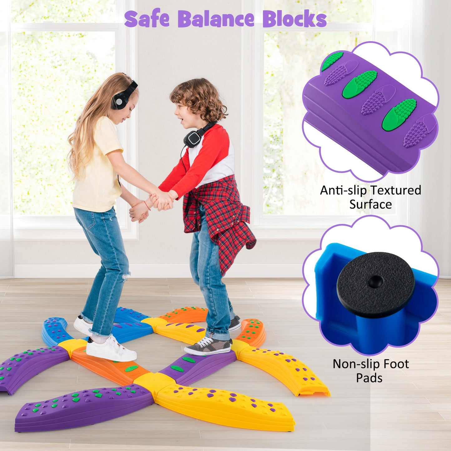 Colorful Kids Wavy Balance Beam with Textured Surface and Non-slip Foot Pads-Blue & Orange Kids Crystal