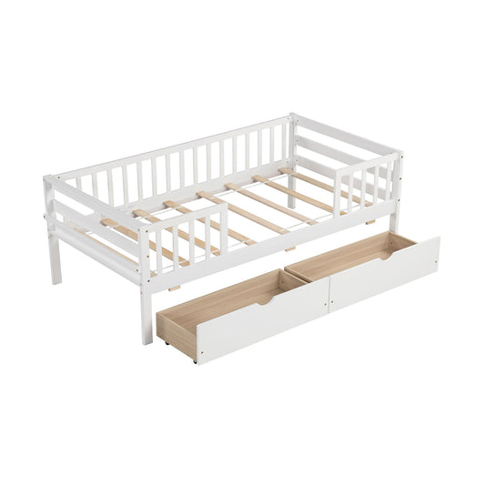 Twin Daybed with Fence and 2 Drawers Kids Bed for Boys & Girls-White Kids Crystal