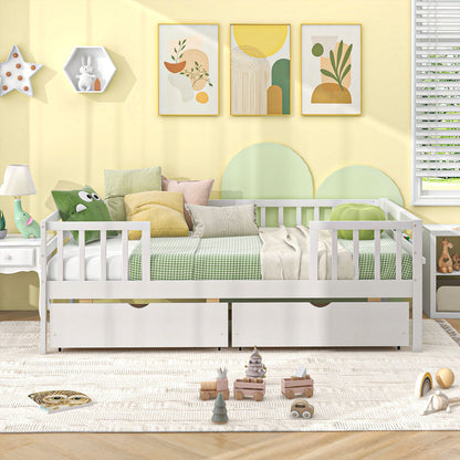 Twin Daybed with Fence and 2 Drawers Kids Bed for Boys & Girls-White