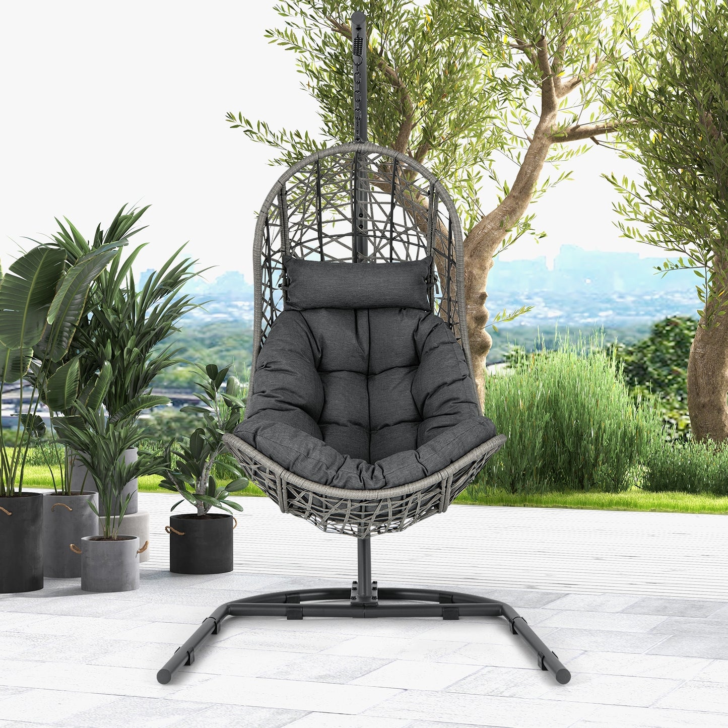 Egg Chair with Stand PE Rattan Swing Hammock Chair with Pillow and Cushion-Gray Kids Crystal