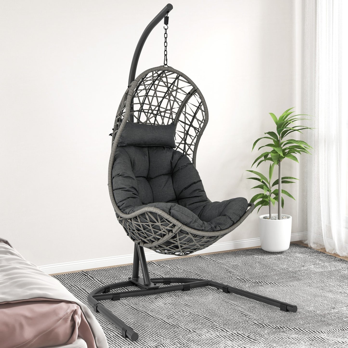 Egg Chair with Stand PE Rattan Swing Hammock Chair with Pillow and Cushion-Gray Kids Crystal