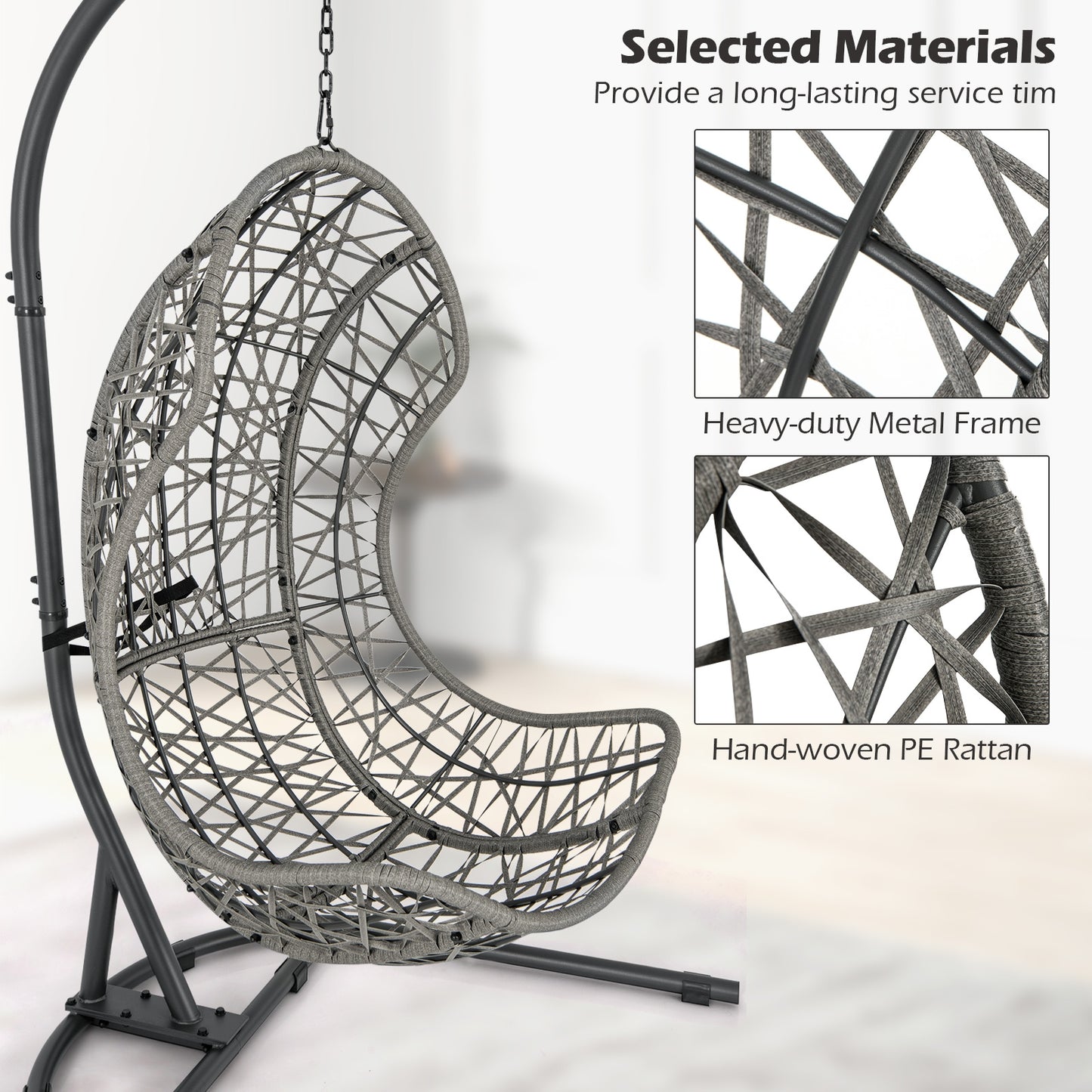 Egg Chair with Stand PE Rattan Swing Hammock Chair with Pillow and Cushion-Gray Kids Crystal