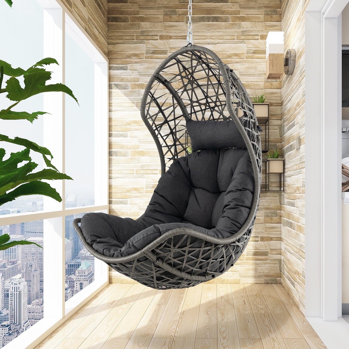 Hanging Egg Chair PE Rattan Swing Hammock Chair with Soft Pillow and Cushion-Gray Kids Crystal