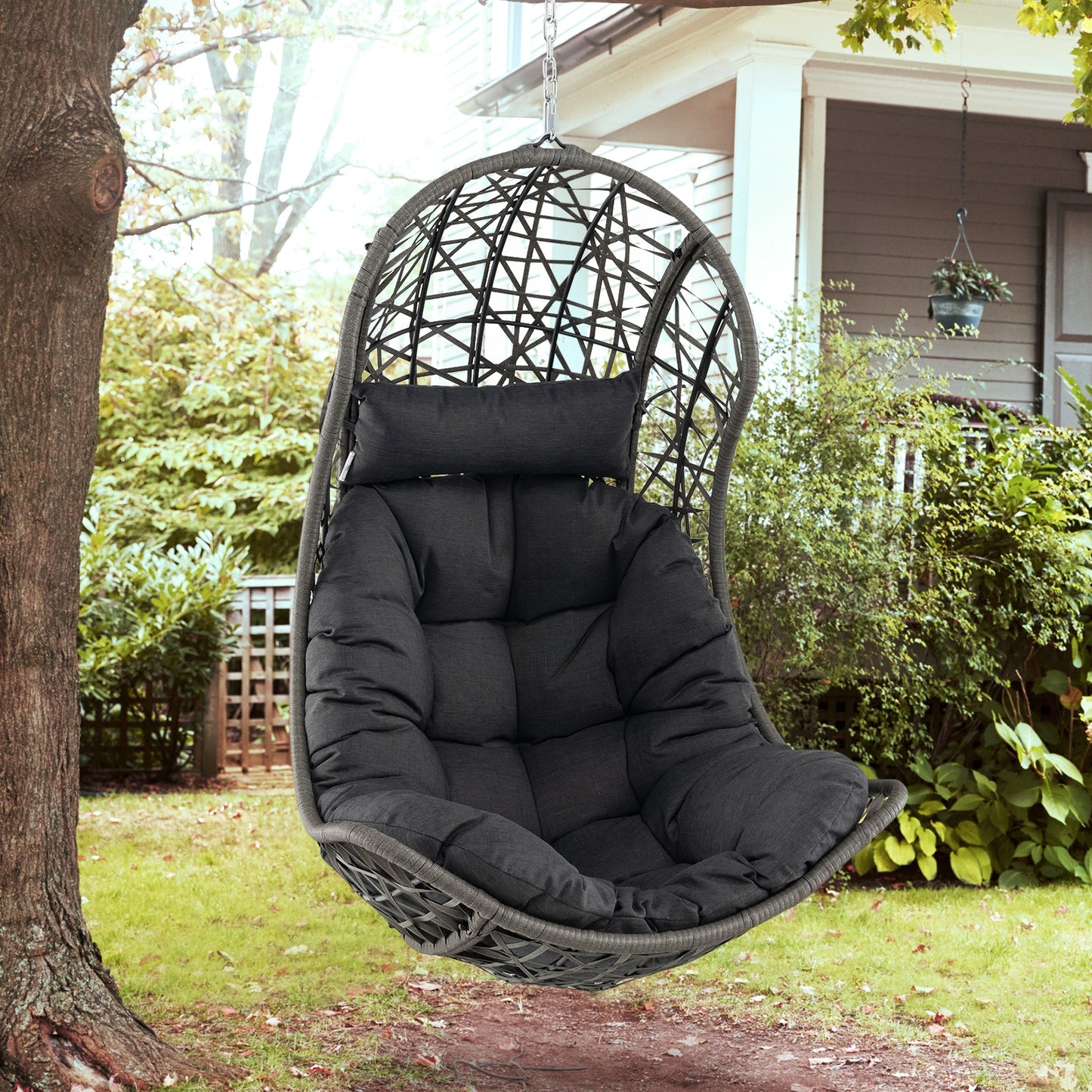 Hanging Egg Chair PE Rattan Swing Hammock Chair with Soft Pillow and Cushion-Gray Kids Crystal
