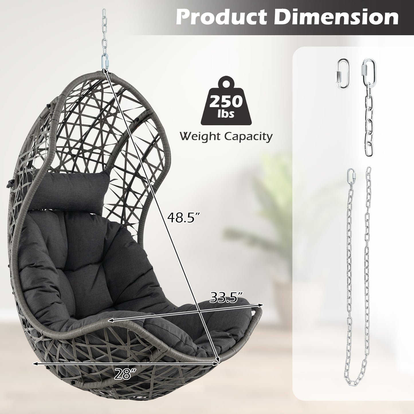 Hanging Egg Chair PE Rattan Swing Hammock Chair with Soft Pillow and Cushion-Gray Kids Crystal