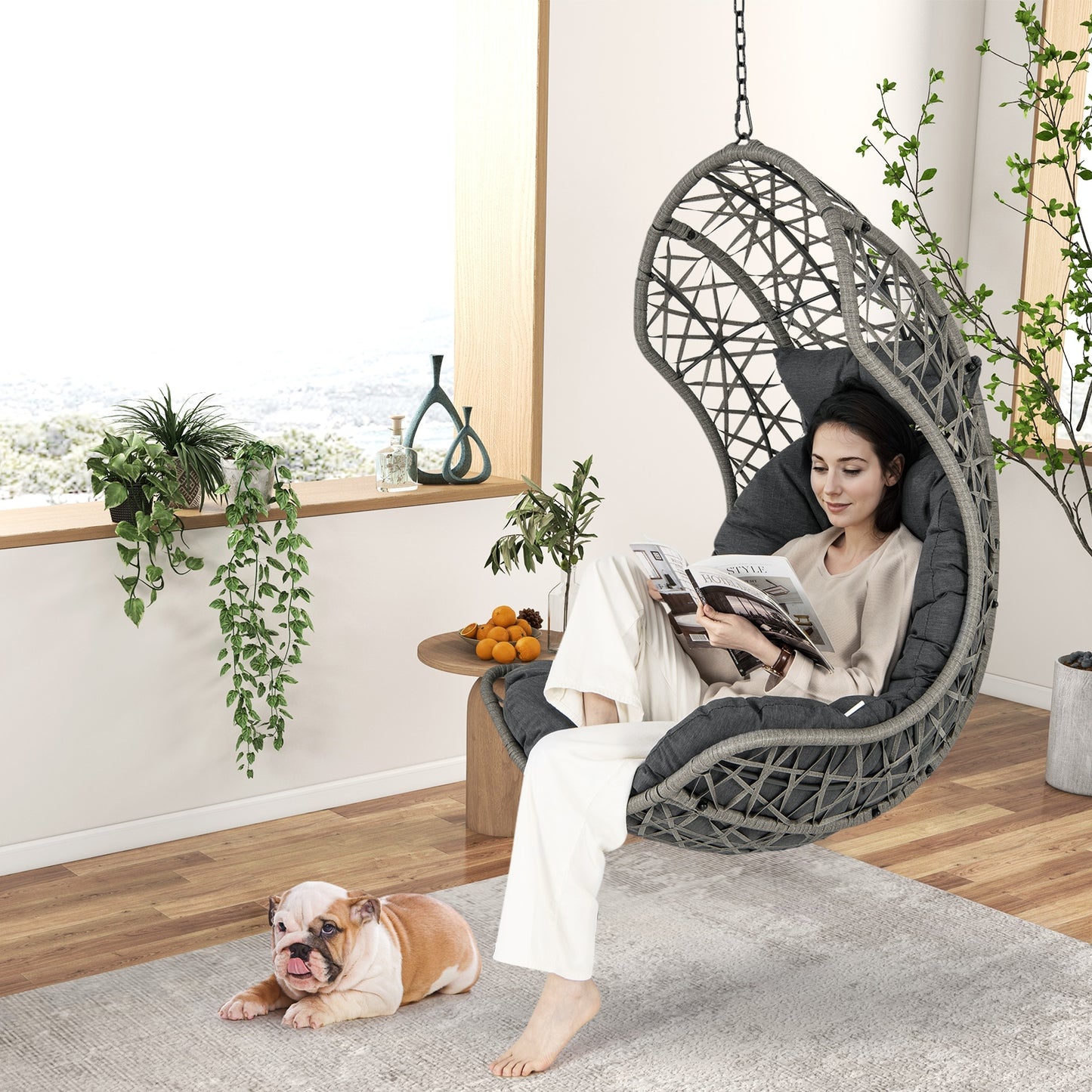 Hanging Egg Chair PE Rattan Swing Hammock Chair with Soft Pillow and Cushion-Gray Kids Crystal