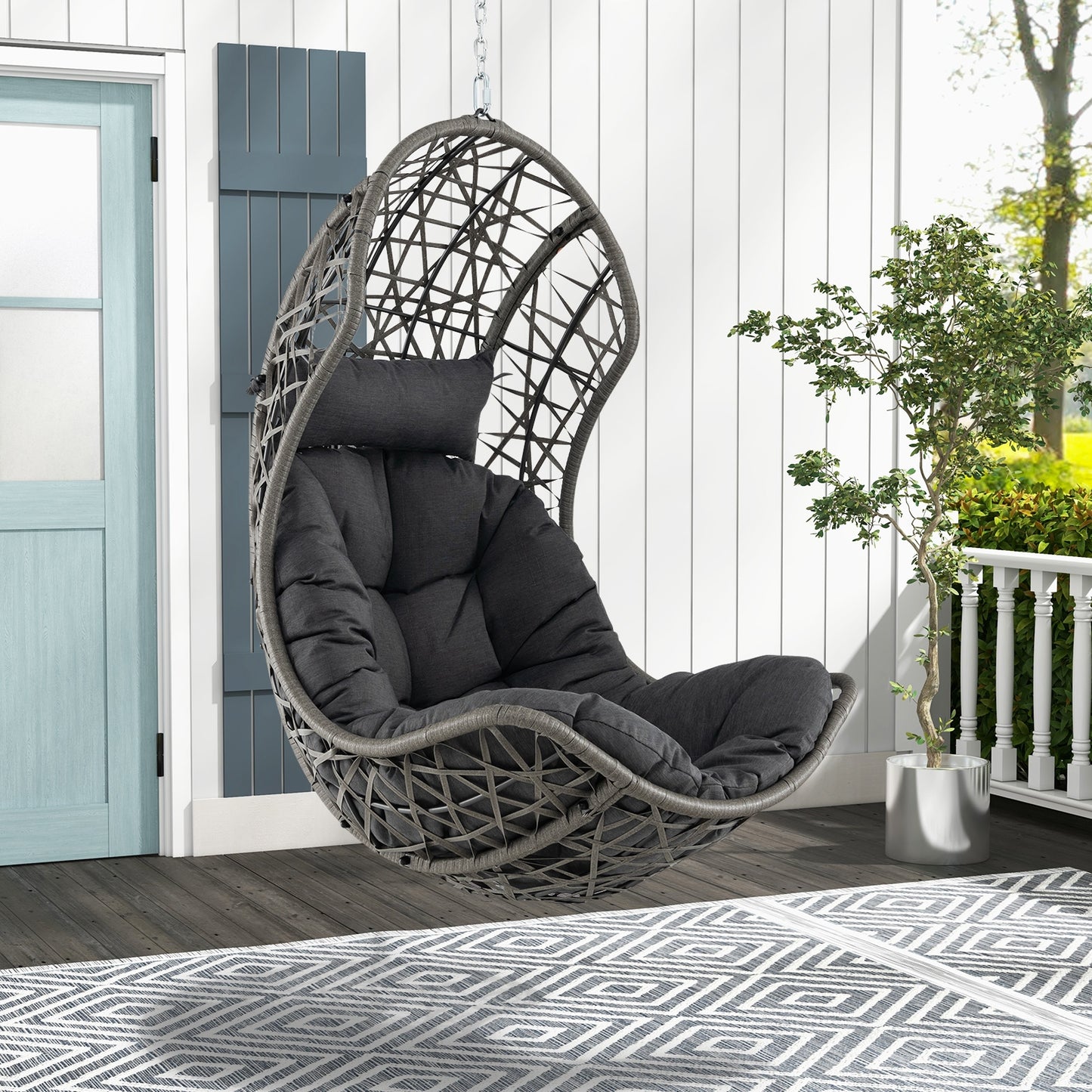 Hanging Egg Chair PE Rattan Swing Hammock Chair with Soft Pillow and Cushion-Gray Kids Crystal