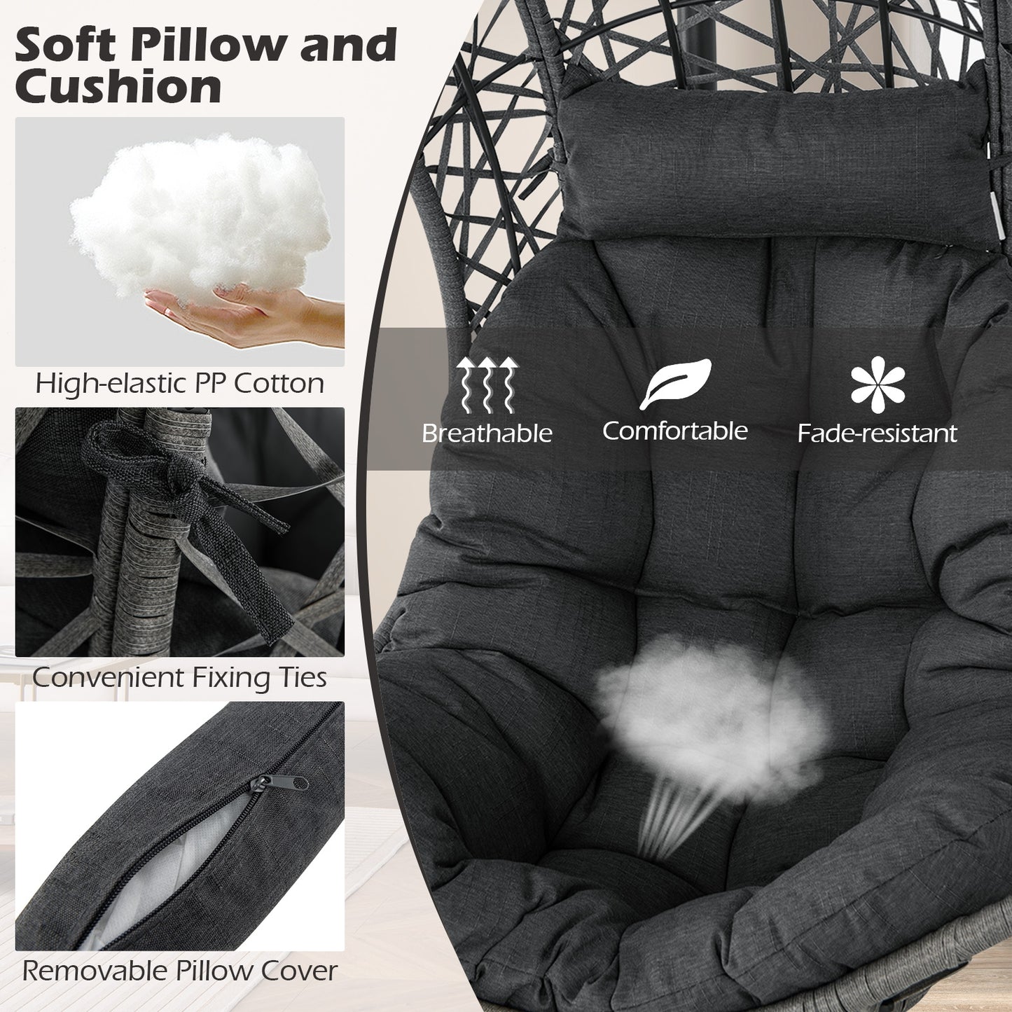 Hanging Egg Chair PE Rattan Swing Hammock Chair with Soft Pillow and Cushion-Gray Kids Crystal