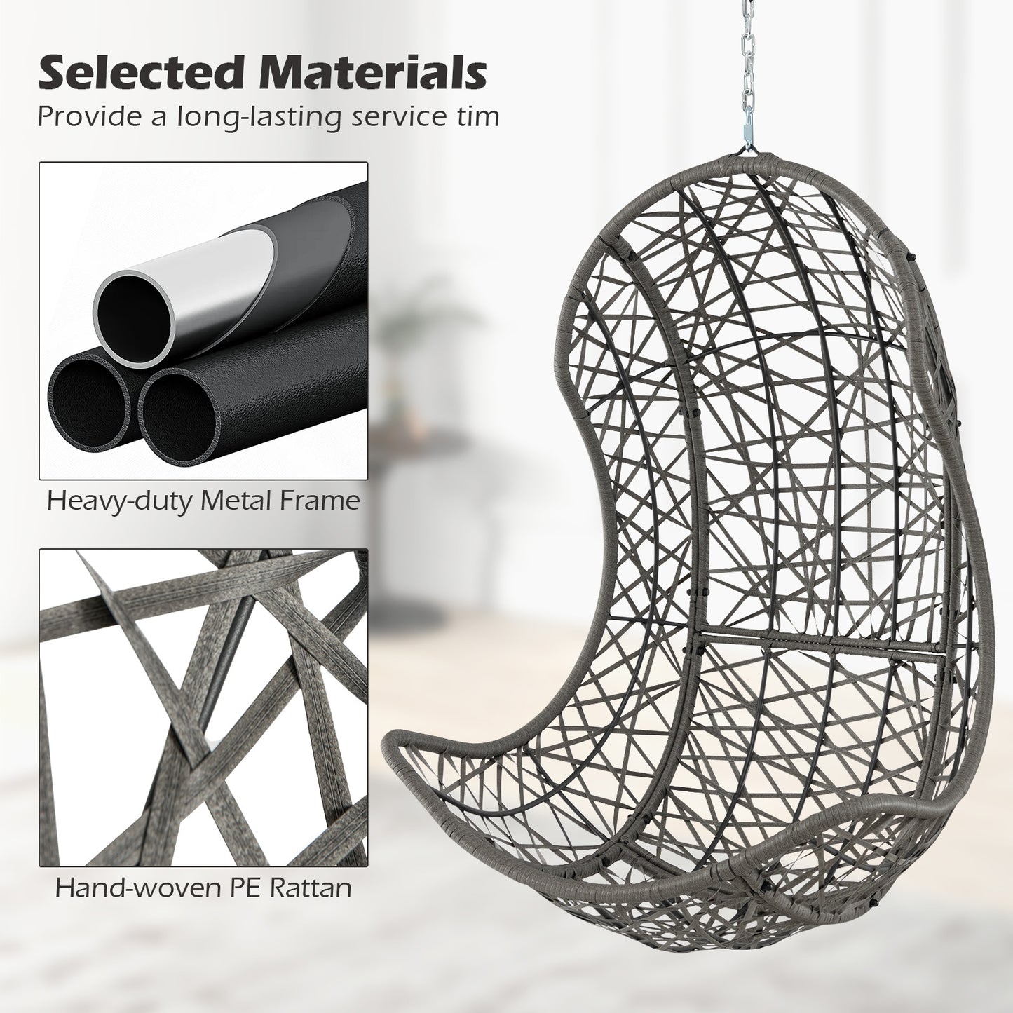 Hanging Egg Chair PE Rattan Swing Hammock Chair with Soft Pillow and Cushion-Gray Kids Crystal