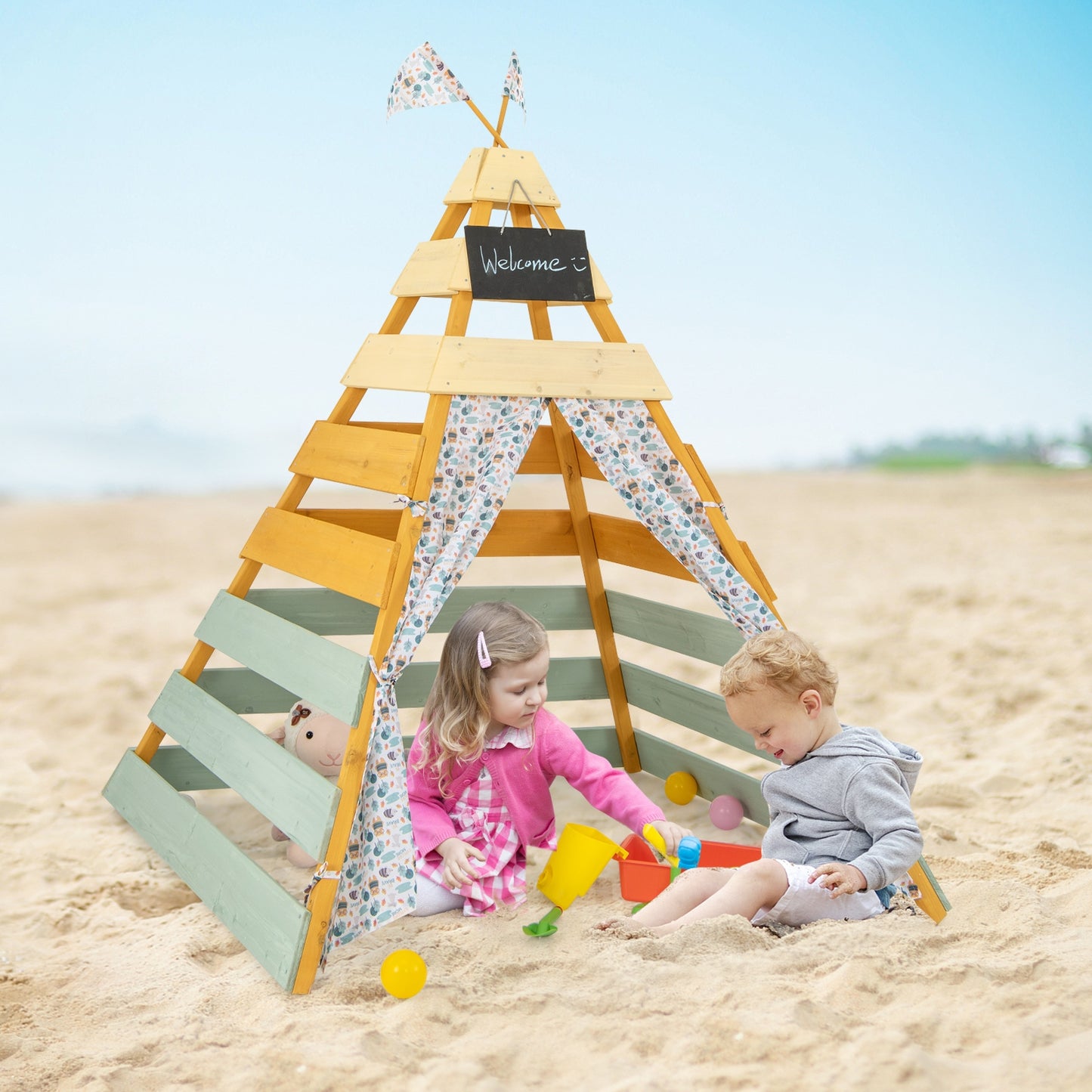 Triangle Hideaway Playhouse with Removable Chalkboard for Indoor and Outdoor Kids Crystal