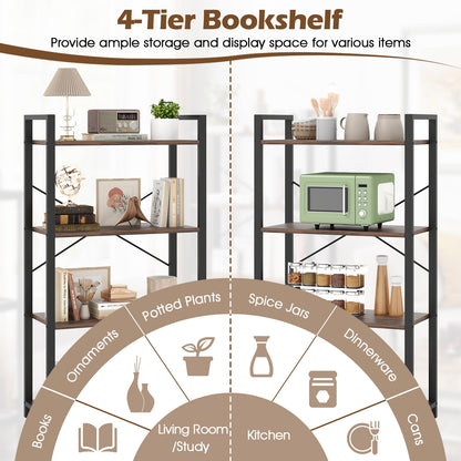 4-Tier Bookshelf with Heavy Duty Metal Frame Industrial Display Shelf-Rustic Brown