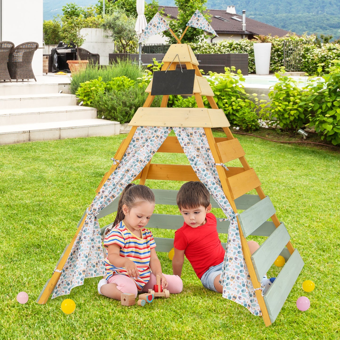 Triangle Hideaway Playhouse with Removable Chalkboard for Indoor and Outdoor Kids Crystal
