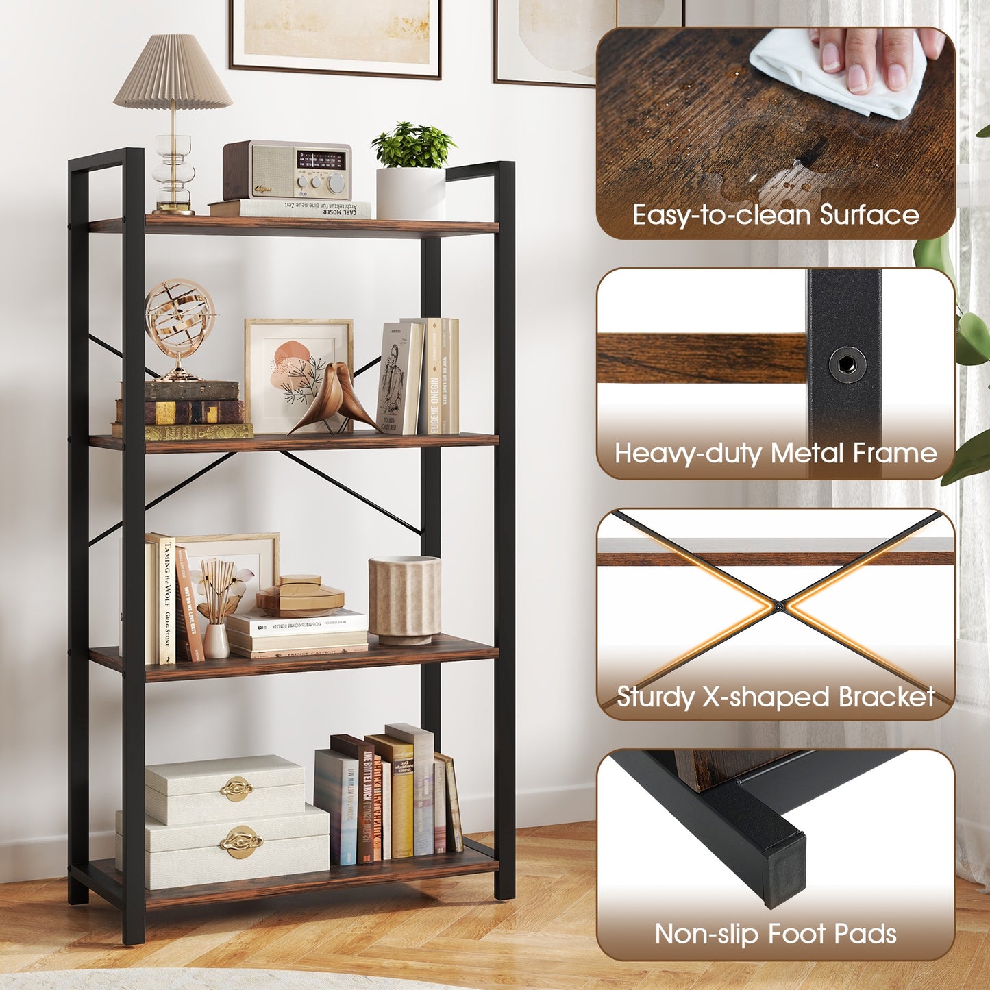 4-Tier Bookshelf with Heavy Duty Metal Frame Industrial Display Shelf-Rustic Brown